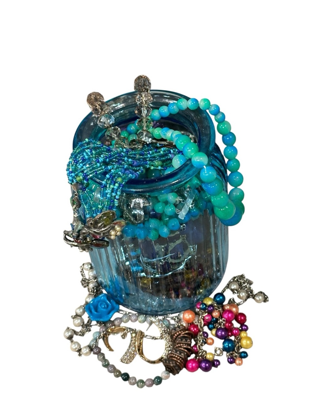 Estate Jewelry Blue Glass Jar Filled with Turquoise & Aqua Beaded Jewelry - Picture 6 of 7